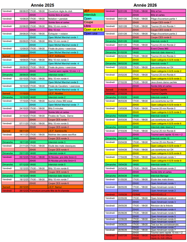 Calendrier saison 2025 2026